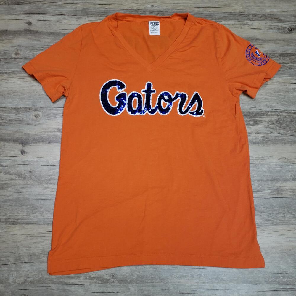 Florida Gators Shirt Womens Large Orange NCAA Football PINK VS Sequin V Neck
